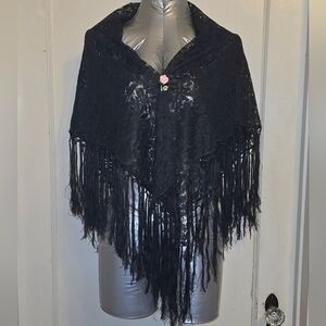 VTG Black Lace Scarf Mantilla 38" square Long Fringe